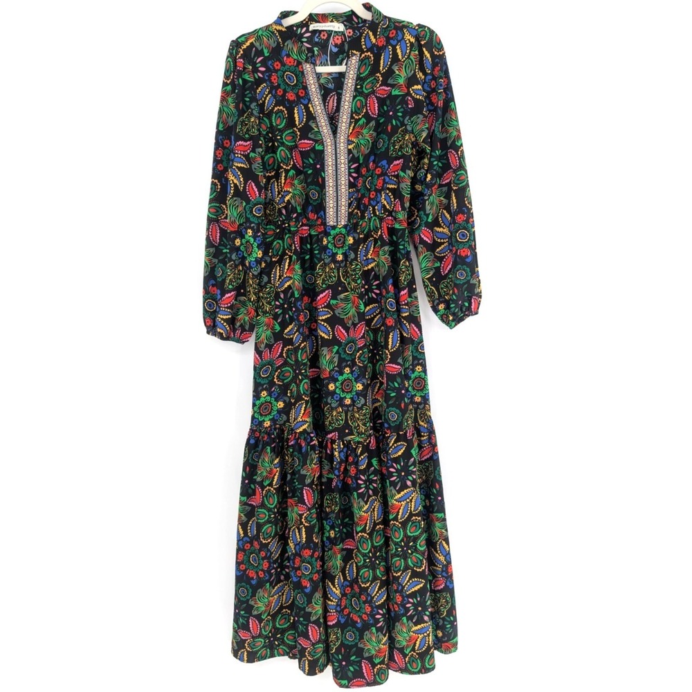 RusttyDustty Black Floral Tiered Ruffle Maxi Dress SML Rio Boho Cottage Prairie - Picture 7 of 16